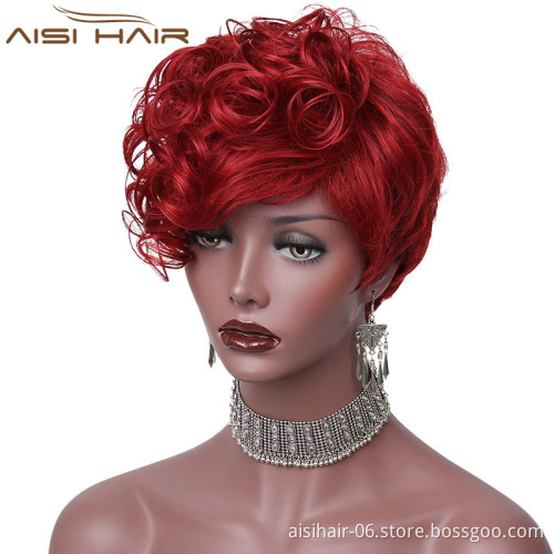 The Best Selling Cosplay Short Curly Wigs For Black Women Synthetic Wine Red Color Fiber High Temperature Wig With Bangs